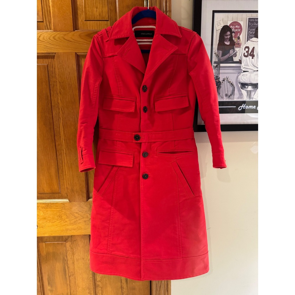 Dsquared2 Red Cotton Twill Belted Trench Coat Jacket IT 46 women's us 10